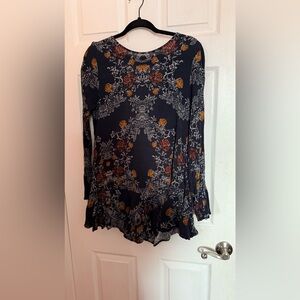 Free People Black Floral V-Neck Tunic with Rust and Mustard Accents